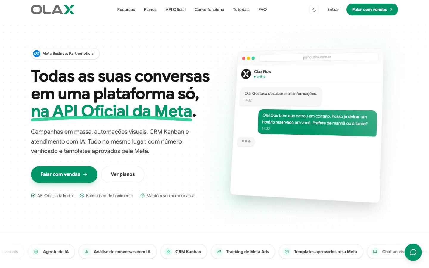 Site da Olax, com a conversa de WhatsApp na API Oficial da Meta